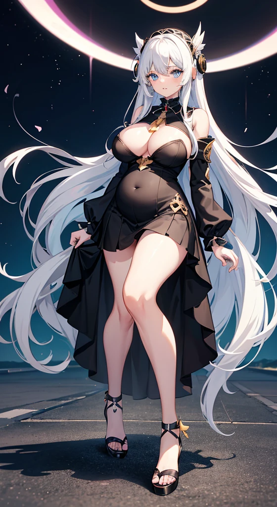 anime girl,long white hair,blue eyes,Black dress, Cute anime wife wearing beautiful clothes, Best Anime 4k Kona-chan Wallpapers, anime art wallpaper 8 k, anime art wallpaper 4k, anime art wallpaper 4k, Anime style 4k, Anime girl in black skirt, 8k high quality detailed art, Beautiful anime girl,(Pregnant,Huge breasts:1.8)