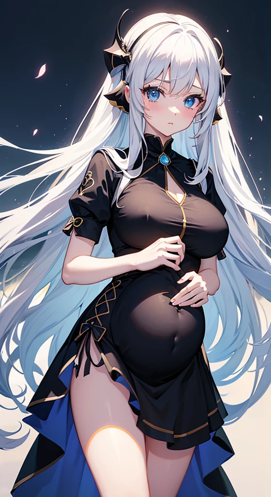 anime girl,long white hair,blue eyes,Black dress, Cute anime wife wearing beautiful clothes, Best Anime 4k Kona-chan Wallpapers, anime art wallpaper 8 k, anime art wallpaper 4k, anime art wallpaper 4k, Anime style 4k, Anime girl in black skirt, 8k high quality detailed art, Beautiful anime girl,(Pregnant,Huge breasts:1.8)