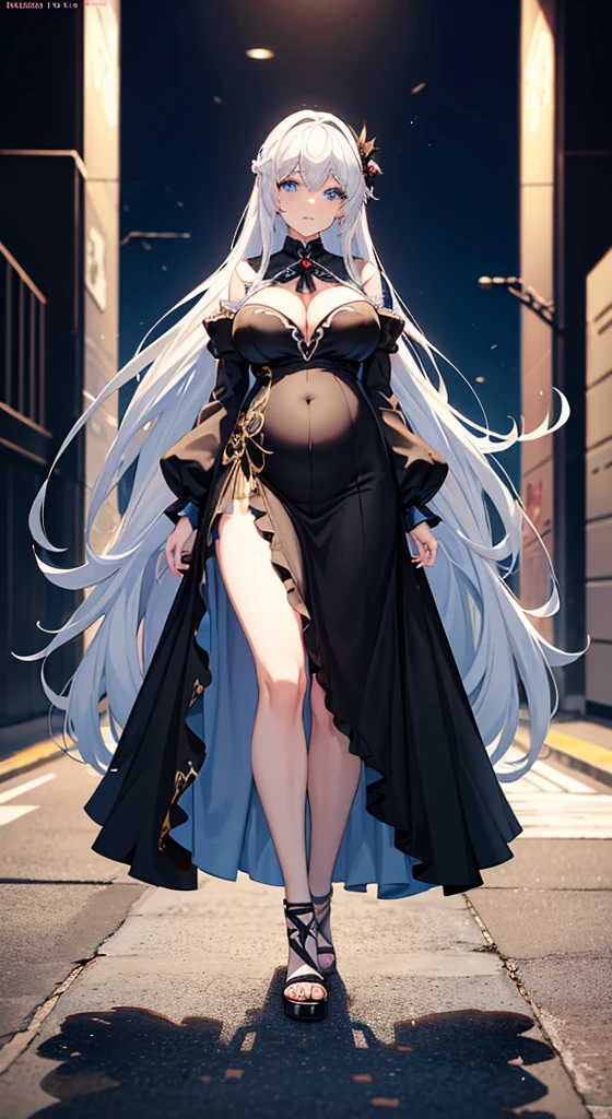 anime girl，long white hair，blue eyes，Black dress, Cute anime wife wearing beautiful clothes, Best Anime 4k Kona-chan Wallpapers, anime art wallpaper 8 k, anime art wallpaper 4k, anime art wallpaper 4k, Anime style 4k, Anime girl in black skirt, 8k high quality detailed art, Beautiful anime girl,(Pregnant，Huge breasts：1.8)