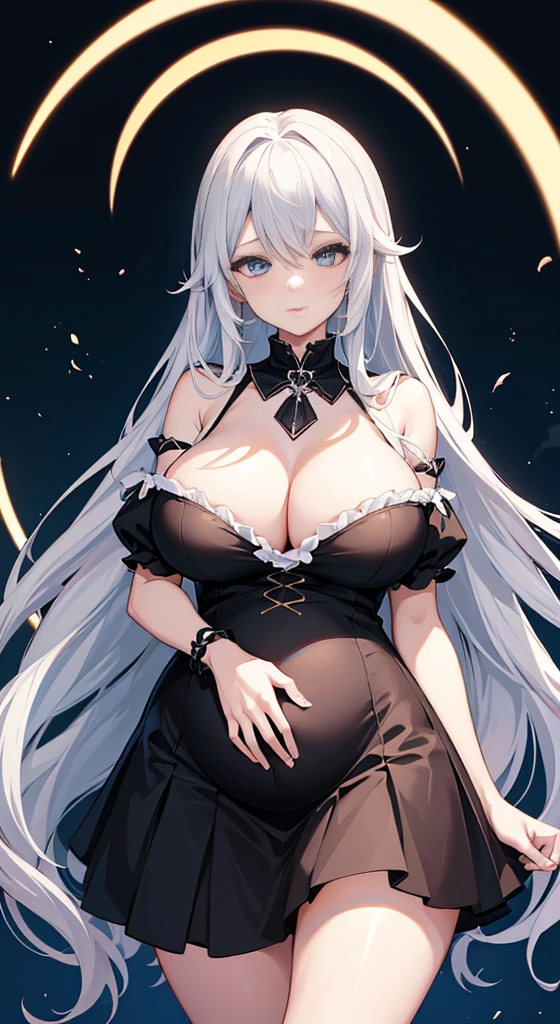 anime girl，long white hair，blue eyes，Black dress, Cute anime wife wearing beautiful clothes, Best Anime 4k Kona-chan Wallpapers, anime art wallpaper 8 k, anime art wallpaper 4k, anime art wallpaper 4k, Anime style 4k, Anime girl in black skirt, 8k high quality detailed art, Beautiful anime girl,(Pregnant，Huge breasts：1.8)