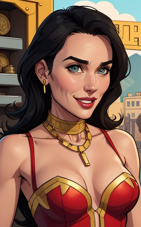 Xena warrior princess GTA sensual portrait mode sesys style Cartoon style digital illustration Monica Bellucci together boyfriends Cartoon style character GTA mode portrait Character cartoon style facial expression happy beautiful smile and six medium small portrait mode waist up with lots of gold around her other precious stones mode waist-up portrait queen of the south Jennifer Connelly GTA scenery dominatrix gold coins chest with jewelry