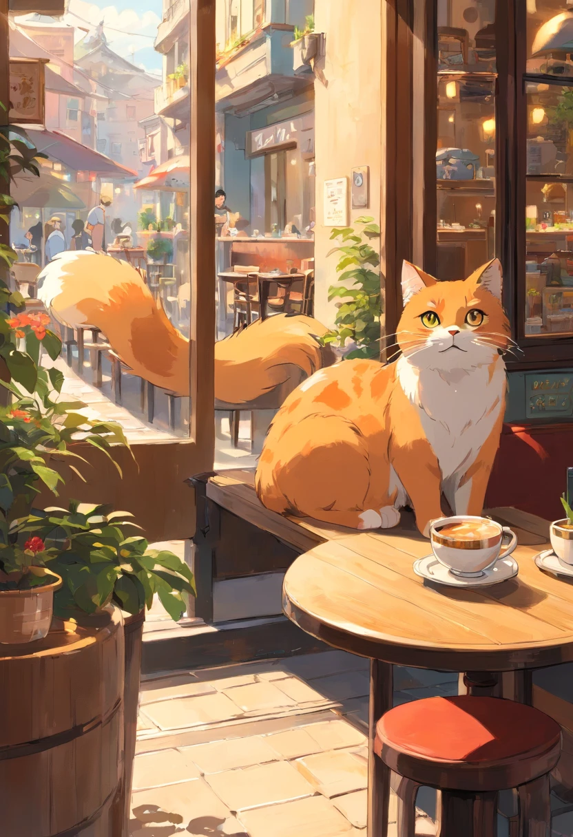 Eine niedliche Katze mit runden Augen, in a cafe, Couchtisch, View of the street from the window.
