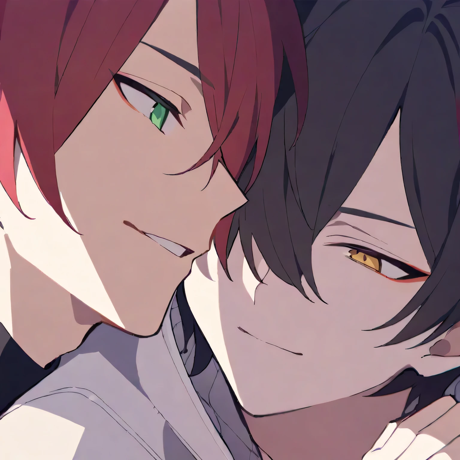 A sexy boy with black hair and yellow eyes and a boy with red hair and green eyes are look at him