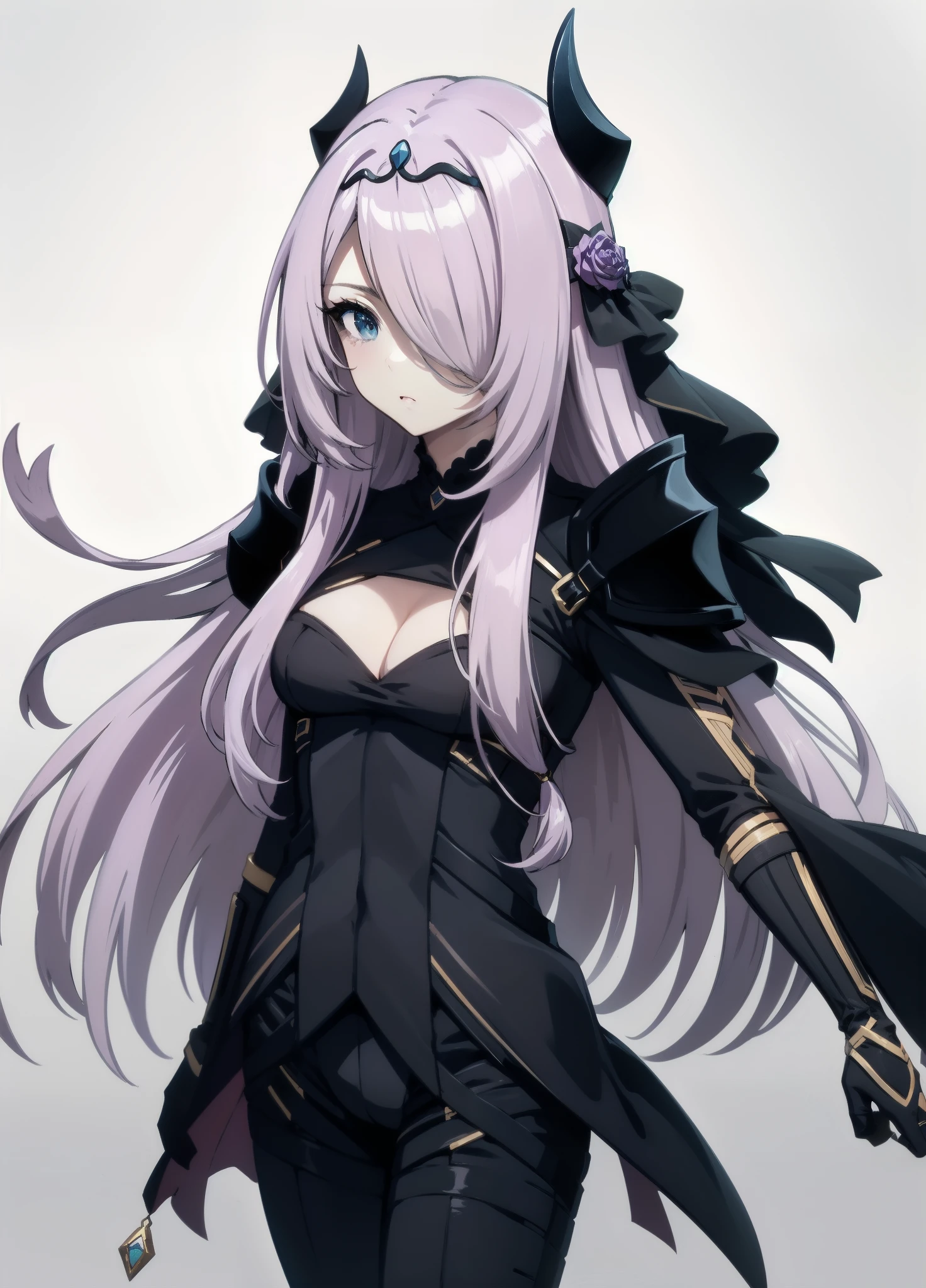 victoria horns, tiara, veil, black bodysuit, shoulder armor, long sleeves, cleavage cutout, black gloves, black overskirt, black pants,(((flat breast,)))
