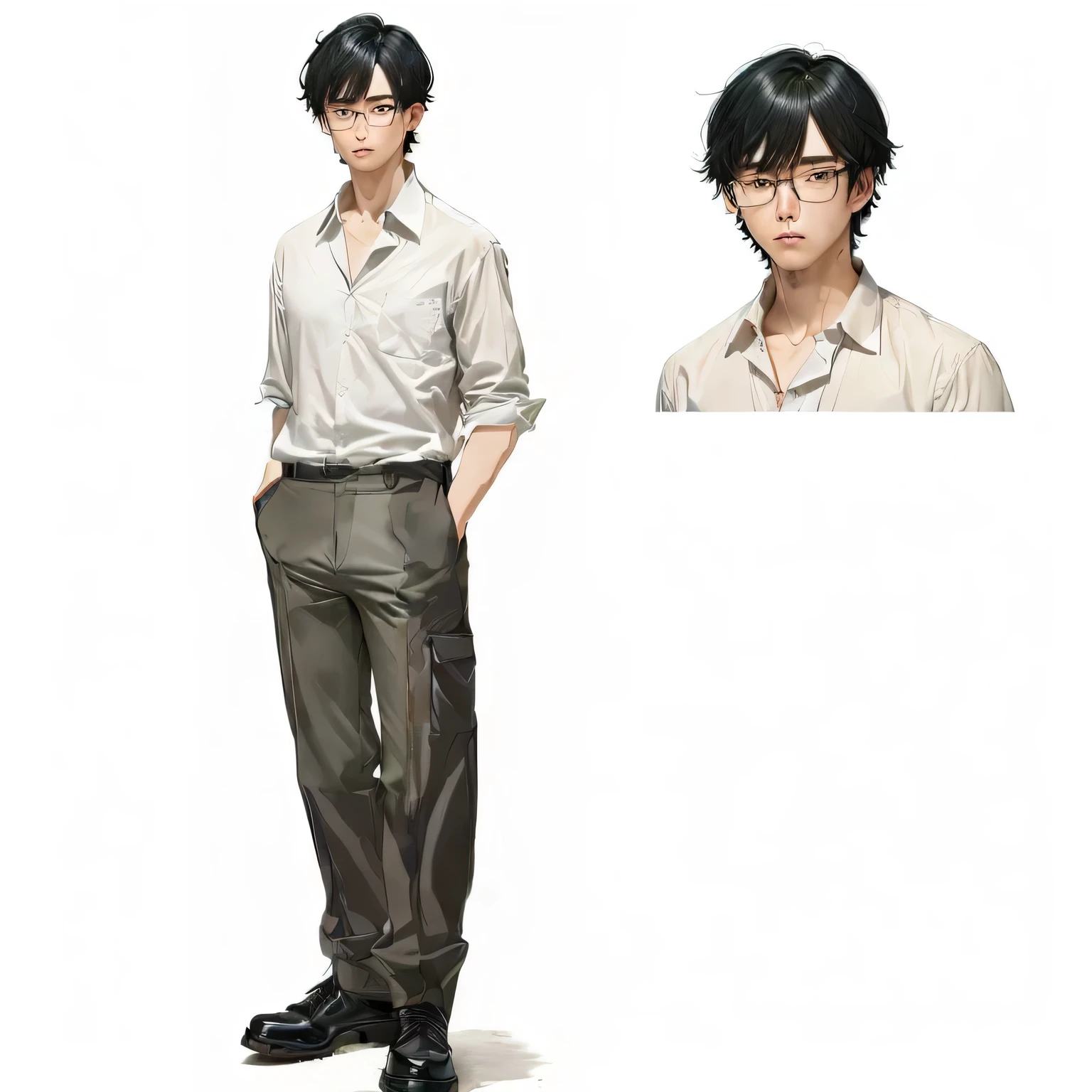 (masterpiece, highest quality, shape, Subtle details, 8k:1.2)、 (Perfect ???????:1.2)、 (Symmetrical eyes:1.2)、( Perfect Eyes:1.2)、(Symmetrical glasses:1.2)、(Perfect Arms:1.2)、(Perfect hands:1.2)、(Single eyelid:1.2)、one person、one person、one personポートレート、Full-body character portrait、Chinese、Standing posture、(Close-up image from the chest up:1.2)、Pale skin、Open-collar shirt、Crumpled shirt、(Short-sleeved shirt)、(Worn shirt)、(The shirt is tucked into the pants)、(40 year old adult man)、(Worn out trousers that reached down to the ankleilitary boots]、Silver-rimmed glasses:1.2、(Nasty look)、[[[Hands in pants]]]、[[[suspenders]]]、[[[Bag]]]、[[[Shoulder Bag]]]、Self-excess、Bullied 、Liar、Introvert、Shadows are faint、inferiority complex、Even、hated、Not popular with the feminine、Tired face、The gaze of the viewer、Full body image、Close-up of face、Lean, lean body、Hair that has become unkempt、Shaggy hair、Unbeliever、Behavior distrust、Disappointing、Lonely、humble、Ugly、Not cool、Cowardly、Black Hair、Dark Eyes、Hollow Eyes、Lackluster eyes、Salaryman、((The hair is parted in a 7:3 style with gel.))、Color images、Anime Images、[[female]]、[animal]The background is white、Single man、Cel painting、Detailed anime character art、
