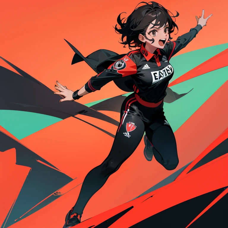 Mujer jugadora del Bayer levercusen femenil , uniforme actual de visitante (negro con rojo), celebrando un gol, en la cancha