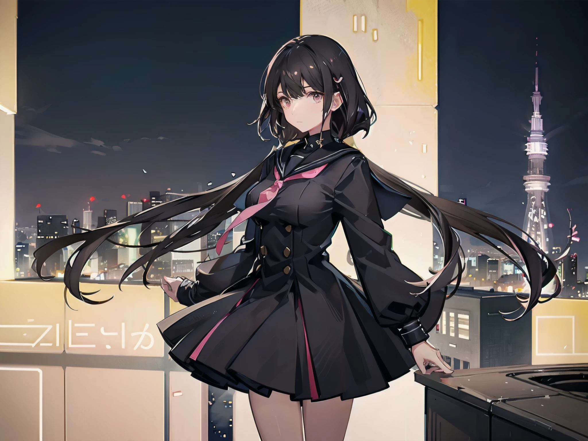 A girl with short dark brown lob hair standing on the rooftop of a high-rise building overlooking Tokyo late at night、A high school student wearing a white and black sailor uniform with a pale pink ribbon、She wears a large witch's hat with a small sapphire accessory、A few star creams、Beautiful starry sky、Beautiful night view、witch's hat 、Marksman Rifle