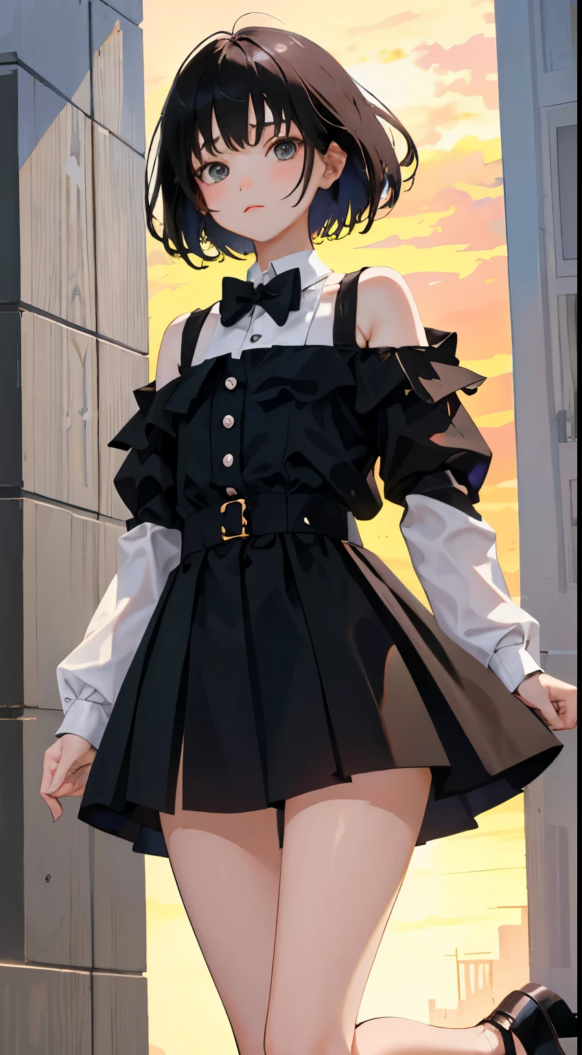 (Short cute girl,Small young student,Young delicate girl),(masterpiece,Top quality),Black Hair,Shorts,jumping,sleepy
