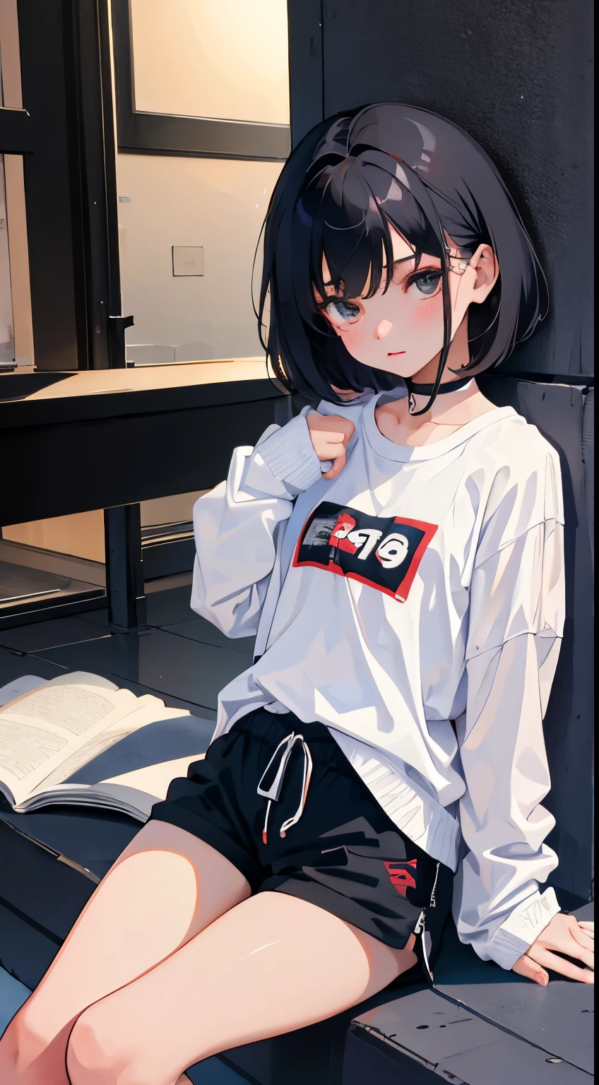 (Short cute girl,Small young student,Young delicate girl),(masterpiece,Top quality),Black Hair,Shorts,all fours,sleepy