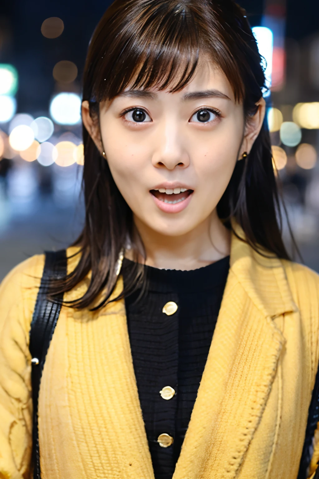 Masterpiece, 8K, high quality, high resolution, beautiful Japanese woman, 30 years old, (detailed face, detailed eyes), ((Open mouth wide, surprised face)), alone on the street, full-body photo