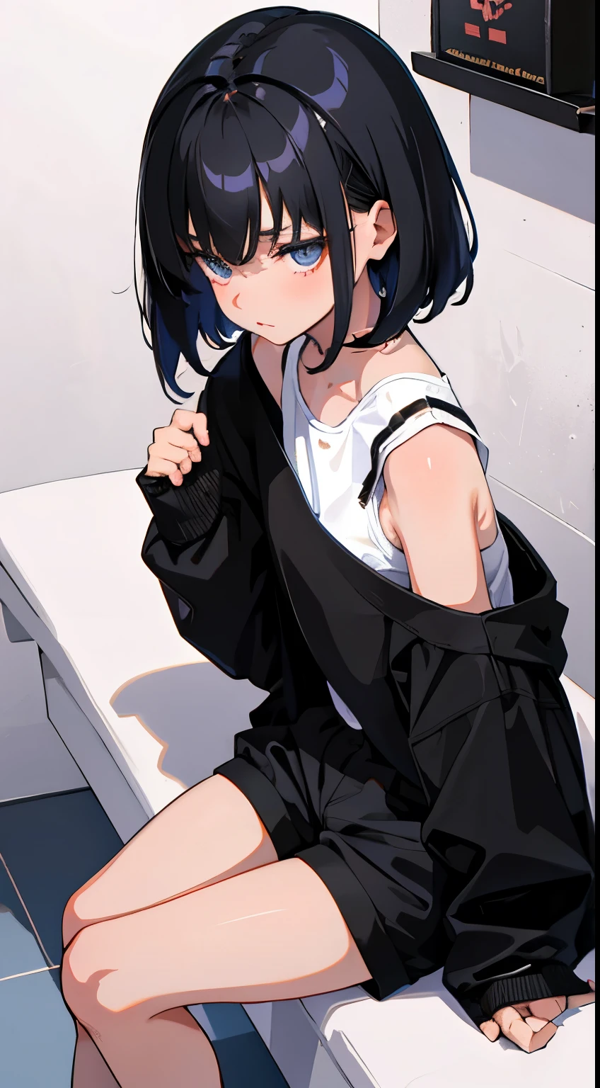 (Short cute girl， young studeg delicate girl）,（masterpiece，Top quality)，Black Hair，Shorts，all fours，sleepy