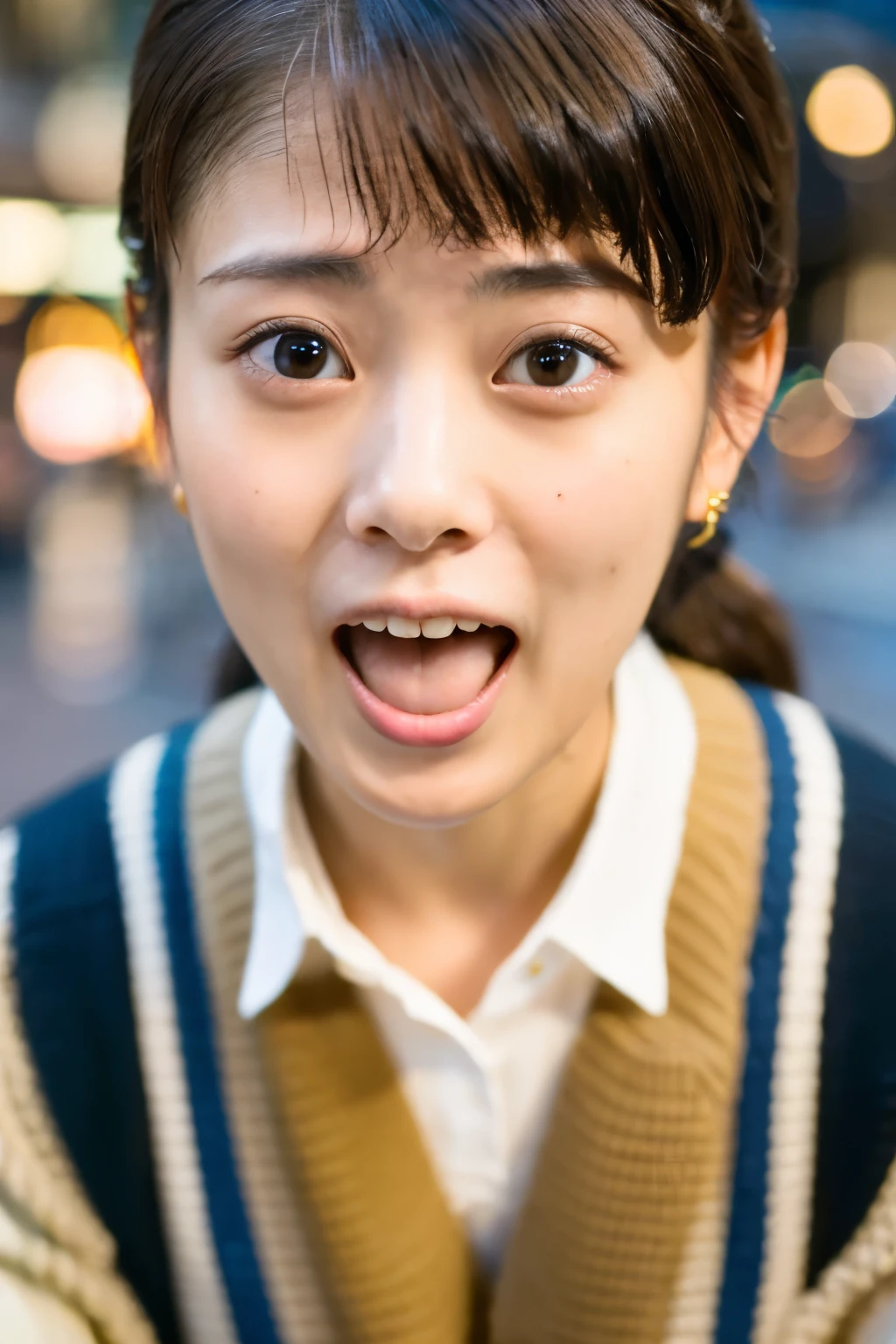 Masterpiece, 8K, high quality, high resolution, beautiful Japanese woman, 30 years old, (detailed face, detailed eyes), ((Open mouth wide, surprised face)), alone on the street, full-body photo