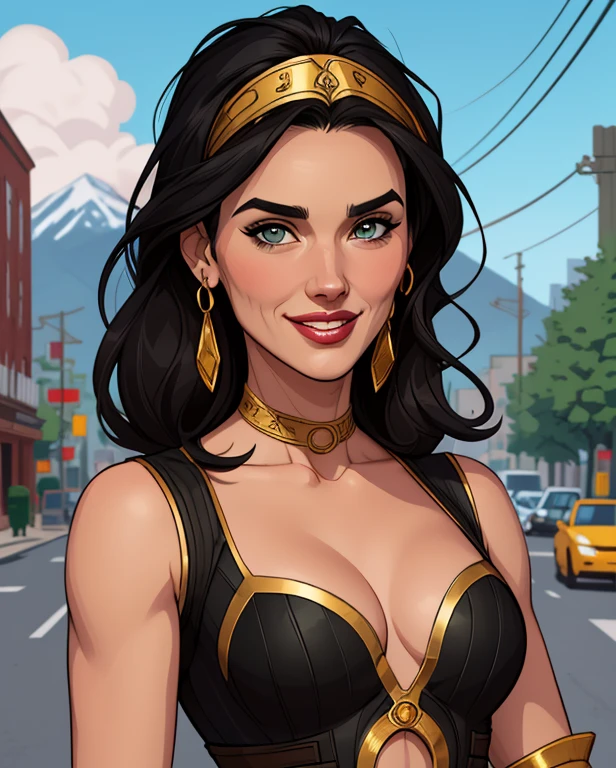 Xena warrior princess GTA sensual portrait mode sesys style Cartoon style digital illustration Monica Bellucci together boyfriends Cartoon style character GTA mode portrait Character cartoon style facial expression happy beautiful smile and six medium small portrait mode waist up with lots of gold around her other precious stones mode waist-up portrait queen of the south Jennifer Connelly GTA scenery dominatrix gold coins chest with jewelry