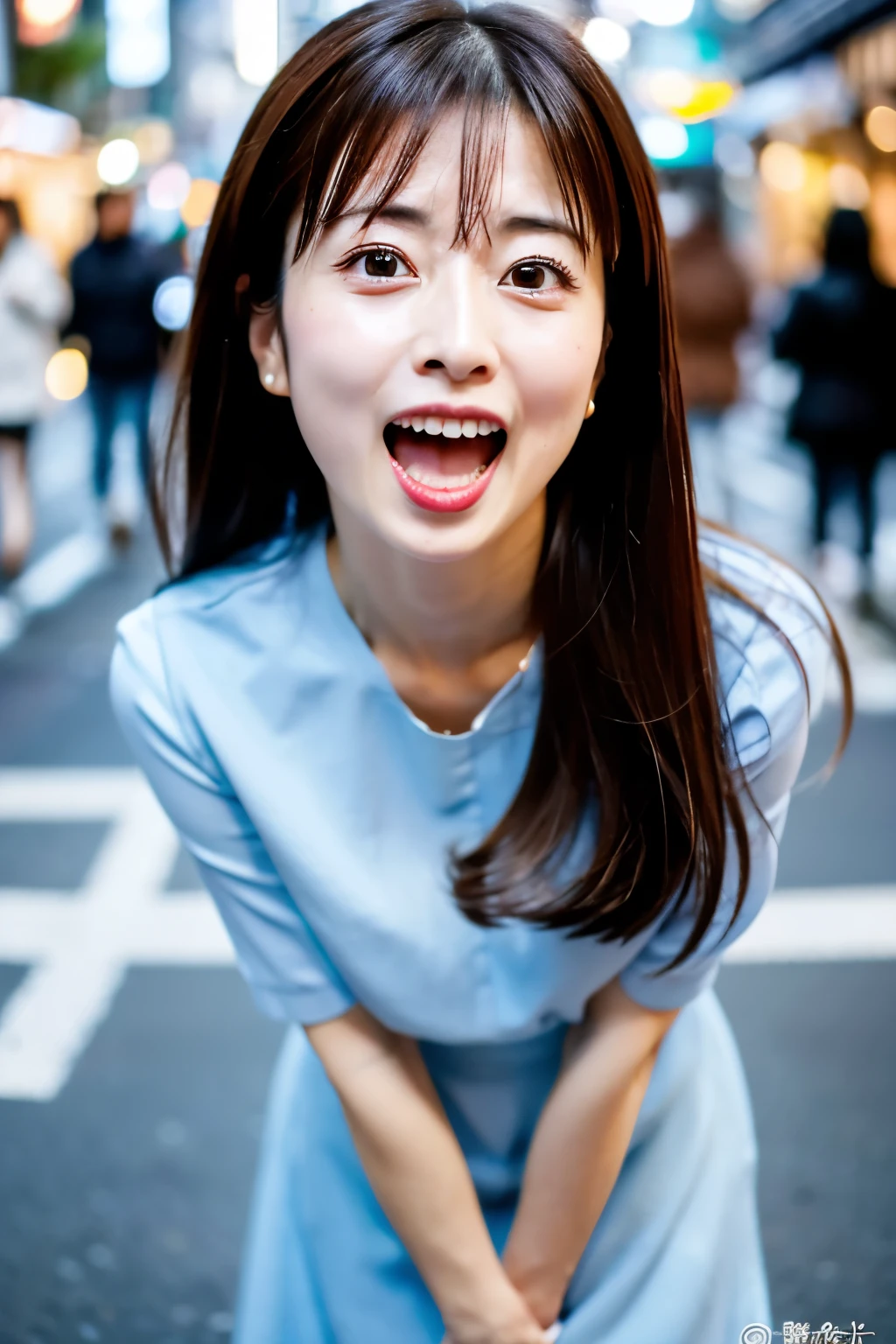 Masterpiece, 8K, high quality, high resolution, beautiful Japanese woman, 30 years old, (detailed face, detailed eyes), ((Open mouth wide, surprised face)), alone on the street, full-body photo