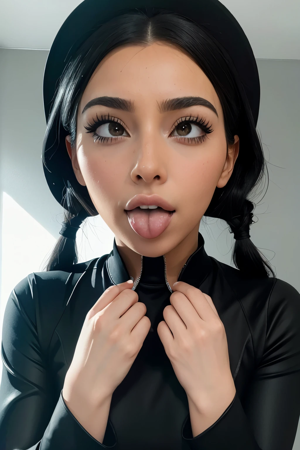 Kim Kardashian, black hair, nun outfit, Ahegao face, concert wall in the background (masterpiece:1.2, best quality:1.2, beautiful, high quality, highres:1.1, aesthetic), detailed eyes, extremely detailed, ambient soft lighting, 4K, perfect eyes, angular face, sharp features, large nose, perfect lighting, 1girl,