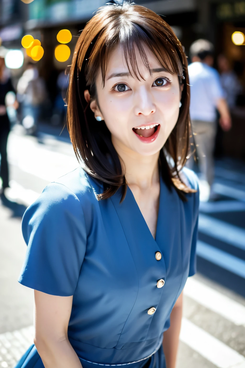 Masterpiece, 8K, high quality, high resolution, beautiful Japanese woman, 30 years old, (detailed face, detailed eyes), ((Open mouth wide, surprised face)), alone on the street, full-body photo