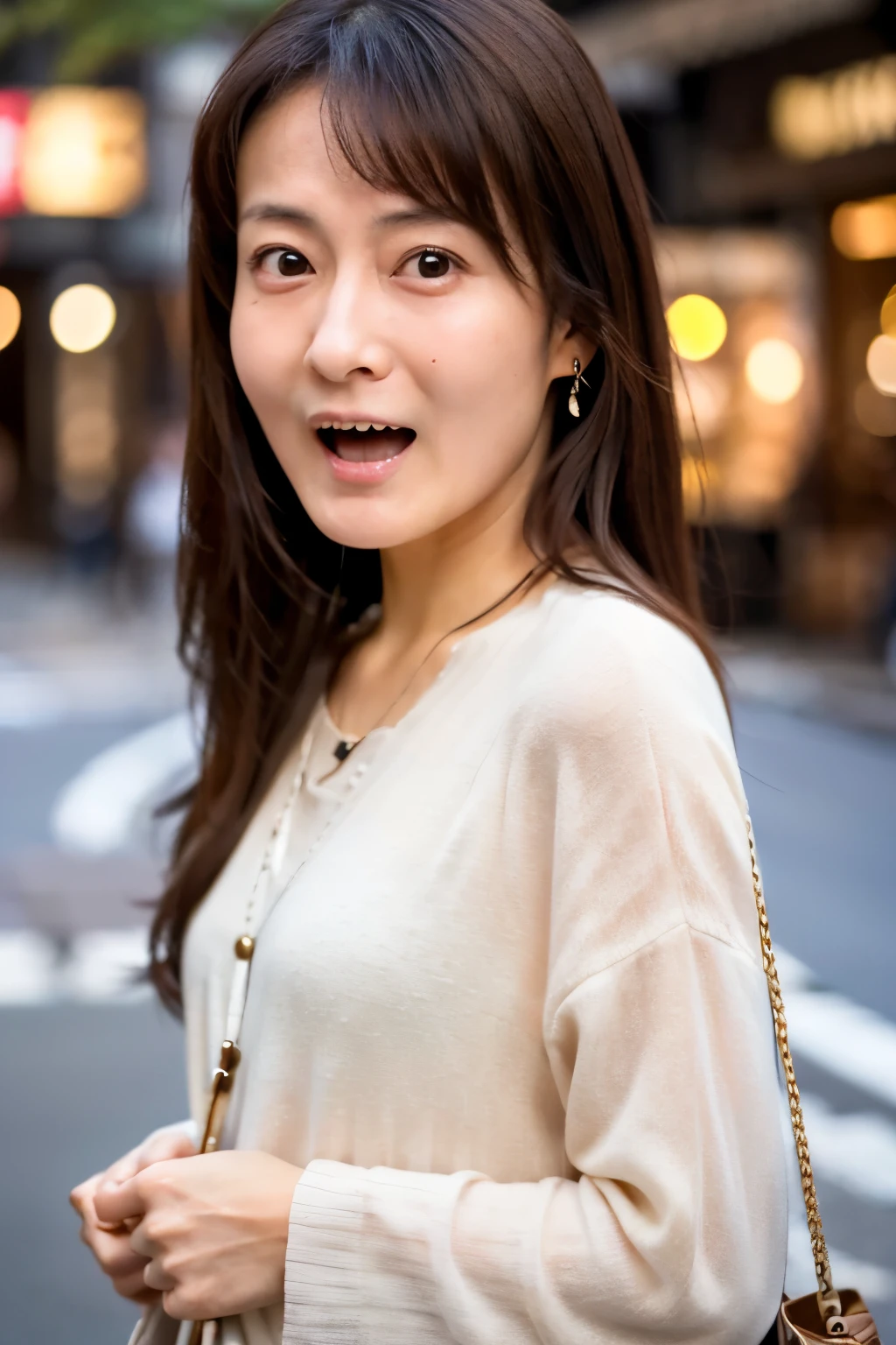 Masterpiece, 8K, high quality, high resolution, beautiful Japanese woman, 30 years old, (detailed face, detailed eyes), ((Open mouth wide, surprised face)), alone on the street, full-body photo