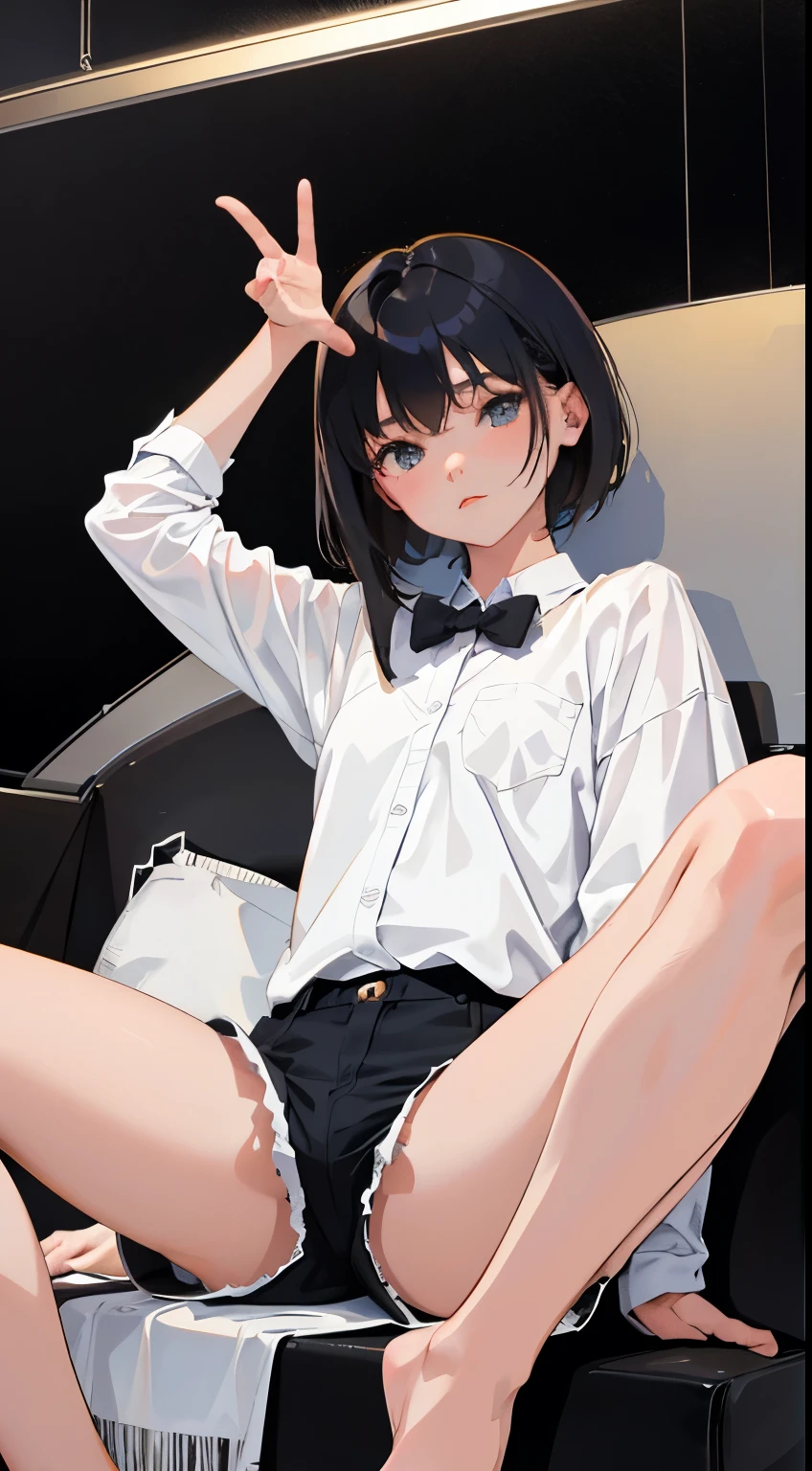 (Short cute girl， young studeg delicate girl）,（masterpiece，Top quality)，Black Hair，Shorts，spread legs，sleepy