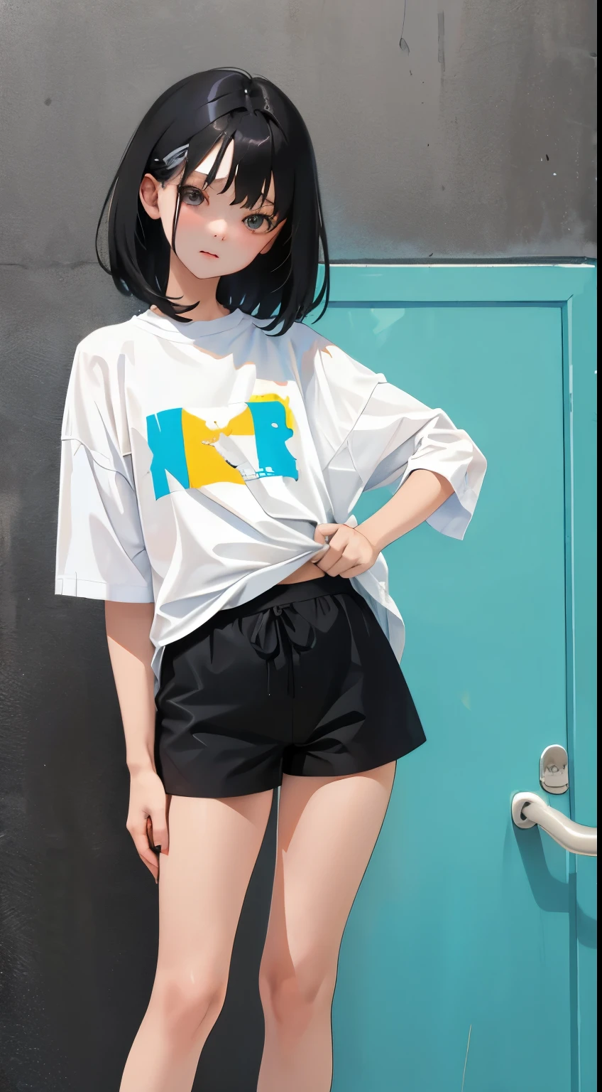 (Short cute girl, young studeg delicate girl),(masterpiece,Top quality),Black Hair,Shorts,shirt lift,sleepy