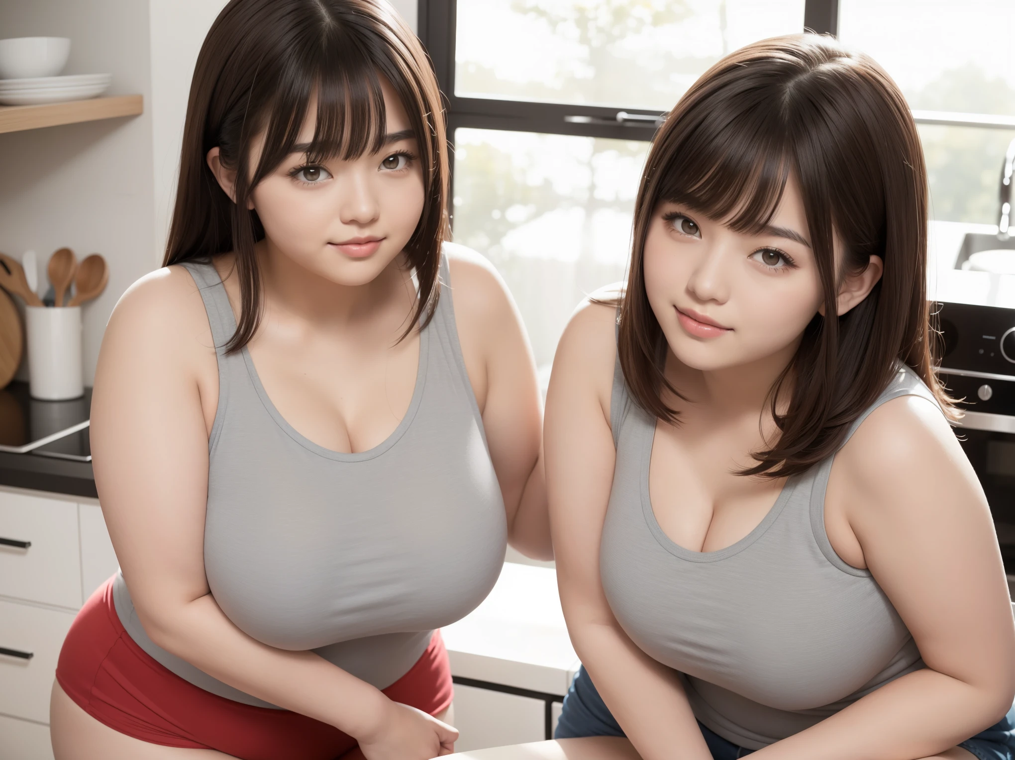 In a modern kitchen, morning. voluptuous, curvy woman, ayami, gravure idol. body measurement of 100-70-90. beautiful chubby face, round face, long hair, straight bangs. Her wide heart-shaped lips curl up, light smile. She wears a gray tank top, red shorts. Waiting. Soft, warm indirect light.