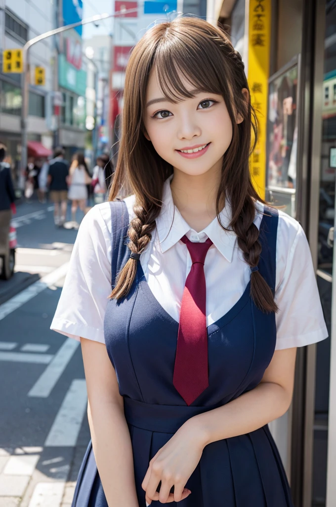(Highest quality,masterpiece:1.3,Ultra-high resolution),(Very detailed、Caustics) (Realistic:1.4, RAW shooting、)Ultra-Realistic Capture、Very detailed、Natural skin texture、masterpiece、(A Japanese elementary school girl wearing a white shirt and a navy blue micro mini skirt:1.3)、Adorable expression、Expressions of happiness、10 years old、height: 140cm、Baby Face、Pure girl、Amazingly cute、Twin tail hairstyle、Curly Hair、Ribbon tie、Black Hair、Large Breasts、Shining thighs、Shining ass、Shooting on the main street of a tourist spot、Summer early morning、Background details、smile、An inviting gaze、(Anatomically correct)、Cowboy Shot、Attention to detail、