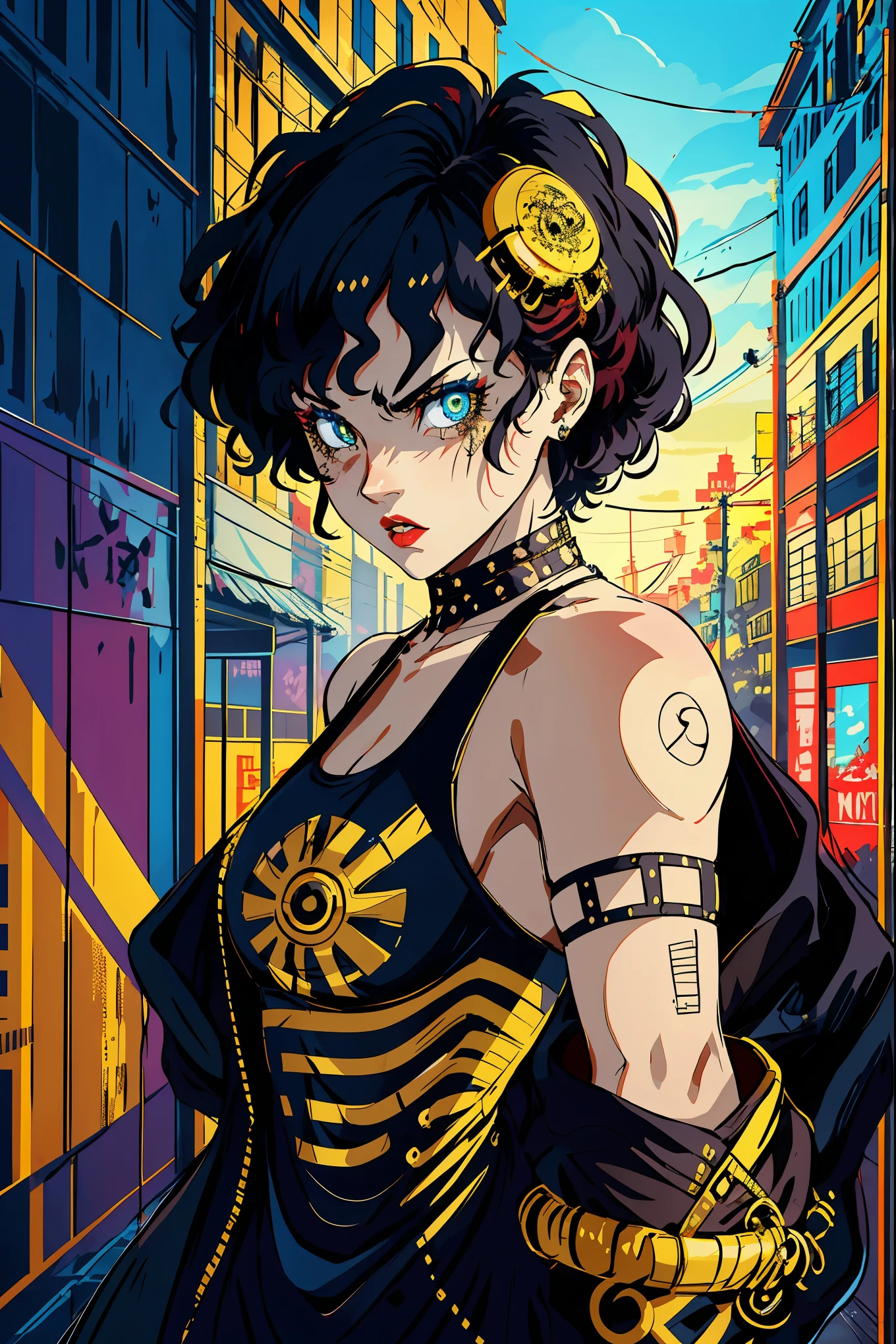 (masterpiece:1.2, best quality), (real picture, intricate details), (1lady, solo, curvy upper body, big ) The clothes are neon fluorescent red and gold ar:avant-garde,avant-garde,Experiment with appearance:curlies,Dramatic makeup,Unconventional fashion choice behavior:rebelliousness、non-conformist、Provocation location:demon eyes,urban art district、Underground music venues Hobbies:Particiwpation in punk shows、creating mixed media art、Try different subcultural values:individuality、Realiy、Creative expression of inspiration:goth artmusic、Counterculture icons,Avant-garde art movement character traits:boldness、boldness、act outside the box