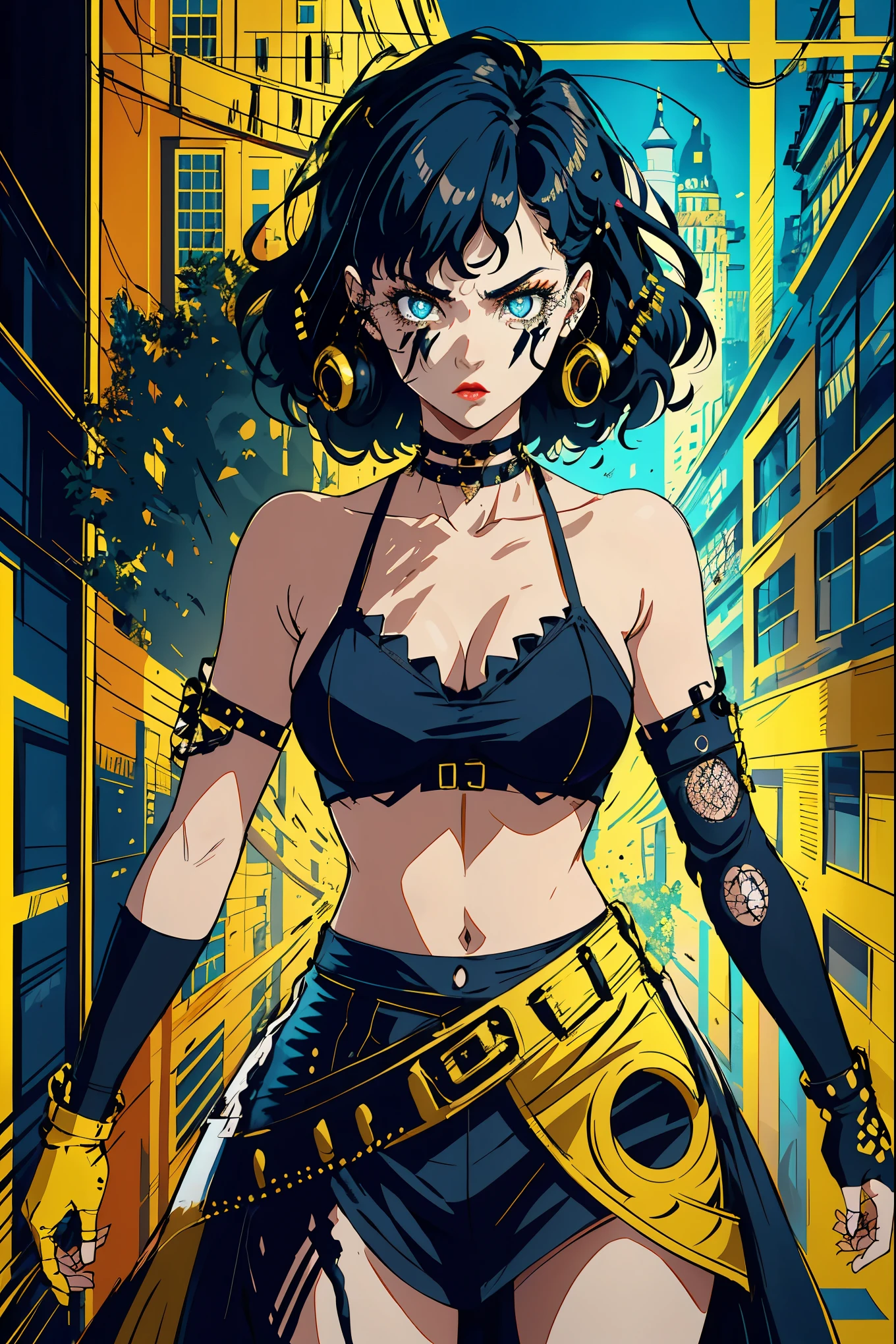 (masterpiece:1.2, best quality), (real picture, intricate details), (1lady, solo, curvy upper body, big ) The clothes are gold and yellow ar:avant-garde,avant-garde,Experiment with appearance:curlies,Dramatic makeup,Unconventional fashion choice behavior:rebelliousness、non-conformist、Provocation location:demon eyes,urban art district、Underground music venues Hobbies:Particiwpation in punk shows、creating mixed media art、Try different subcultural values:individuality、Realiy、Creative expression of inspiration:Punk rock music、Counterculture icons,Avant-garde art movement character traits:boldness、boldness、act outside the box。gothic dark vibe