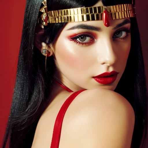 Cleopatra vii labios rojos gruesos seductora faraona con mirada provocativa escote cuerpo entero cintura marcada 