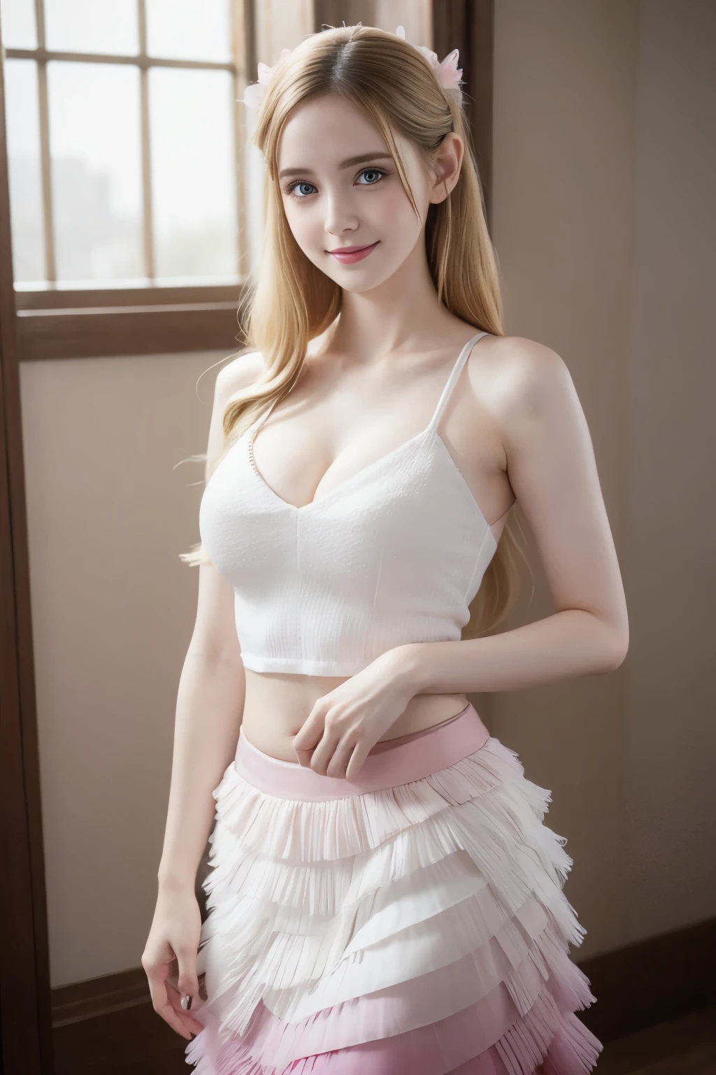 arafed woman in a white top and pink skirt posing for a picture, amouranth, young beautiful amouranth, better known as amouranth, amouranth as a super villain, ruan jia beautiful!, dilraba dilmurat, photo of slim girl model, 2 4 year old female model, fantasy photoshoot, gorgeous young model, blonde hair, ((ombre)), ((smile))