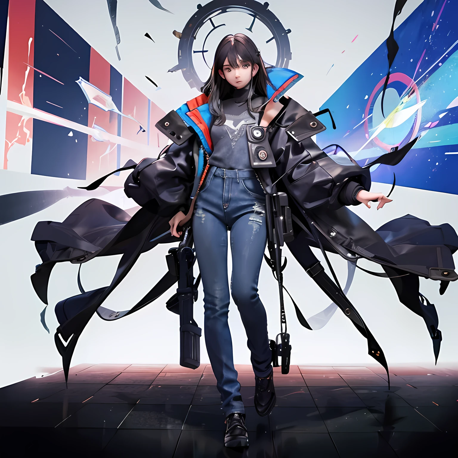 Boy , blue jacket , black hair , beautiful eyes , full body , black jeans , masked face