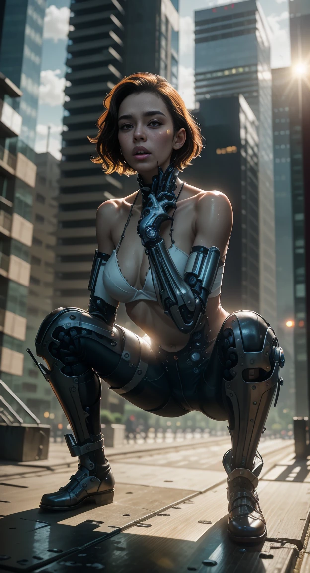 office in a skyscraper in a big city, A female cyborg adopts various poses to show off her personality, Heavy mens boots, standing, sitting, bending over, lying down, squatting, dancing, jumping, shooting, crying, masturbating, high quality, Absurd, Masterpiece, Beautiful, complex parts, 1/2 body crops, slender body, Beautiful figure, Magnificent Anatomy, (complex parts:1.12), HDR, (complex parts, hyper detail:1.15), (natural skin textures, Hyperrealistic, soft light, Spicy:1.2)
