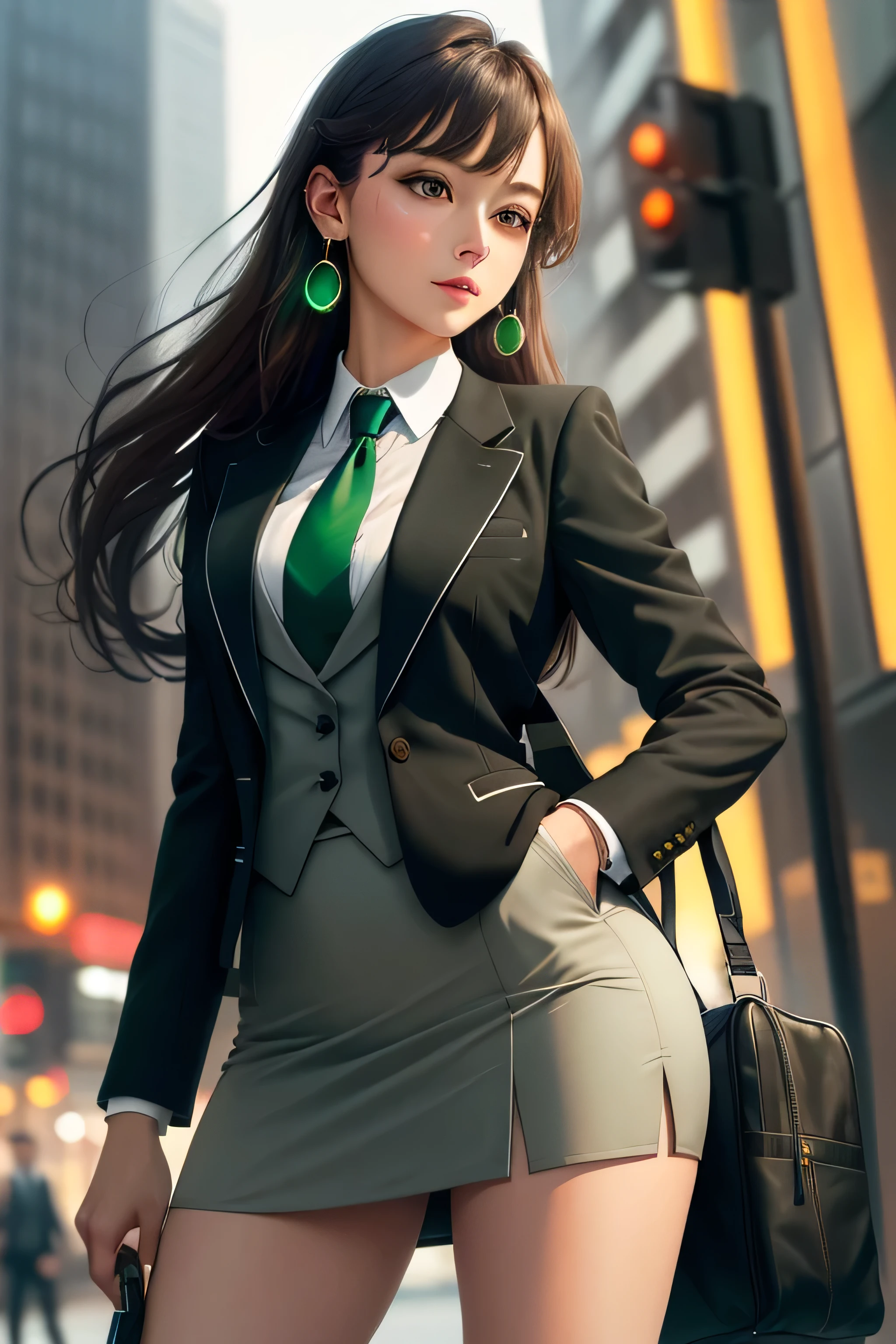(Masterpiece, Best Quality),(((From Bottom, Depth of field, dutch angle, Green lighting))), She's a girl, 1girl, Floating hair, 1girl, solo, formal, Hand in pocket, suit, black gloves, building, looking a viewer, black necktie, partially fingerless gloves, white shirt, City, exteriors, black jacket, belt, ((skirt suit)), suit and tie, (((three-piece suit))), silk dress shirt, (((shirt and tie))), (((shirt collar))), (((long necktie))), ((blazer)), ((open blazer)), ((suit jacket)), (((waistcoat with lapel))), (dress shirt), ((bodycon miniskirt)), (((pencil skirt))), pantyhose, tights, stockings, tie clip, pocket square, tailored suit, (((cufflinks))), pocket watch, pantyhose, high heels, earrings, ear piercing,, shirt with collar, Brown eyes, Standing, long sleeves, gray hairs, urban landscape, open jacket, Cowboy shot, skyscraper, night time, extra very long hair