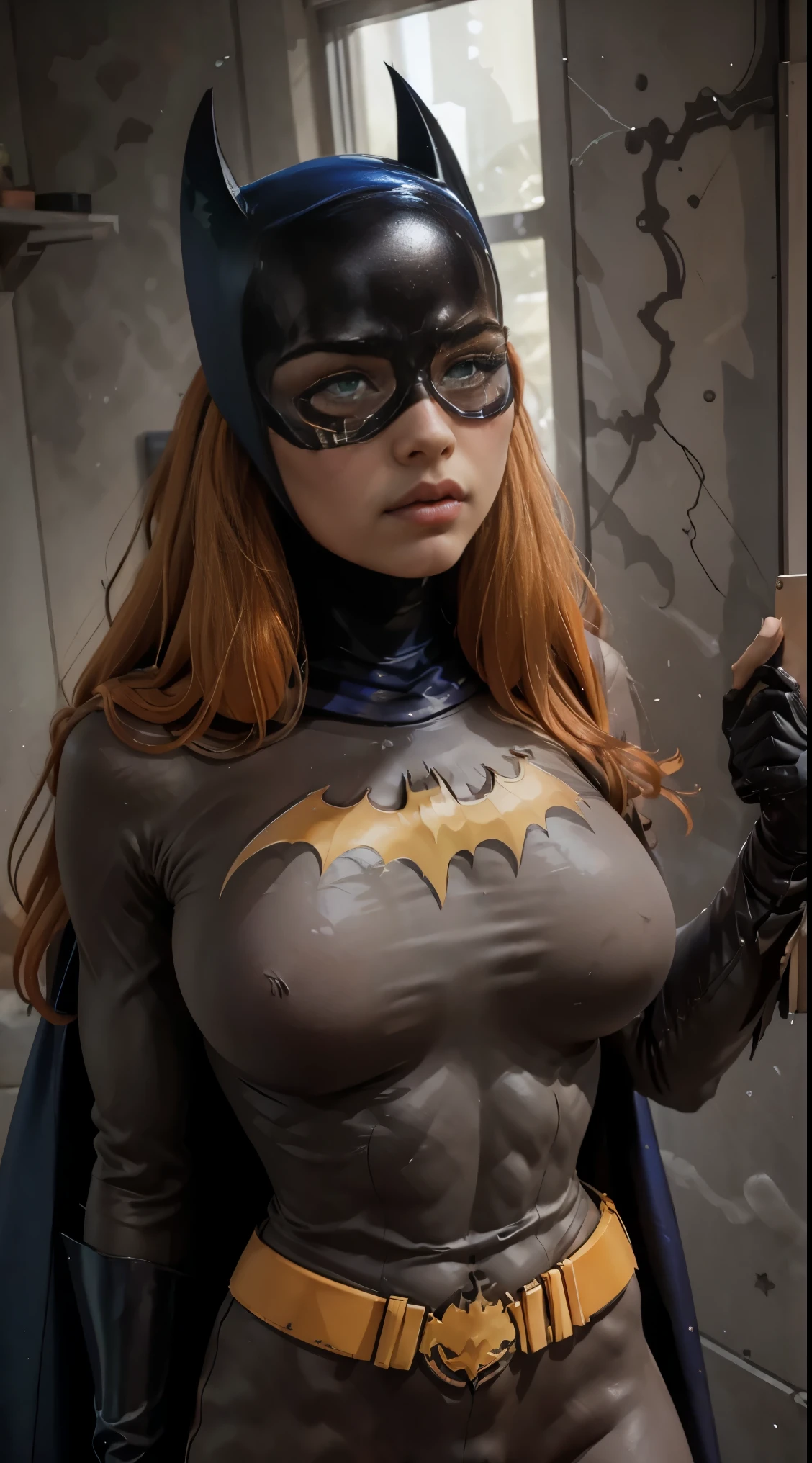 masterpiece, best quality, 1girl, batgirl, cowboy shot, realistic, dirty, bruise, green eyes, mask, thorn bodysuit, orange hair, lips, long hair, solo, dark seios grande