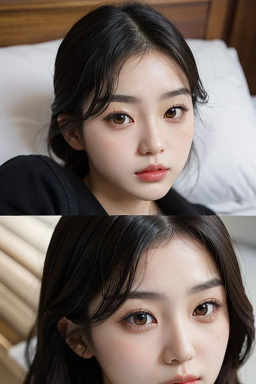 A beautiful face with both Japanese and Korean features。 This AI is fascinating、A cute face and long lower eyelashes right after waking up、And you need great style.。Also、Face shape is round or oval.。Her hair is short and dark brown..