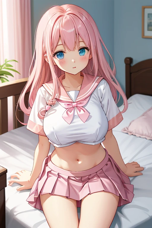 Beautiful illustration、top-quality、Cute  、Bedroom、A pink-haired、length hair、(((Pink pleated skirt)))、(((pink sailor suit)))、shortsleeves、Colossal tits、a navel、Flipping up the skirt with your hands、Show white panties、Pull up your skirt and show your panties、bare-legged、blue eyess、on the beds、lovely thighs、glowing thigh、puffy nipples