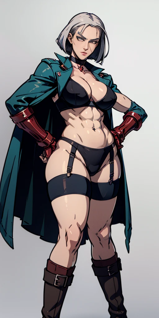 ((Plain background 1:2)) (Cammy White Street Fighter white silver short bob haircut) Female full body standing straight symmetrical looking to the viewer RED full body armored (handcuffs, shackles, rerebrace, faulds, poleyn, gauntlets, leather collar choker, gloves, gauntlets, high boots bootstraps, black stockings) 2 crossing big belt under belly button, navel, abs, garter straps belts attaching bra ((hands on hips)) view from below, wide hips - choppy bangs, arched crescent eyebrows, sharp and determined eyes, a delicate oval face, a serious expression, a fantasy-style dark green military coat, draped with a dark red cloak, leather combat boots, silver greaves leggings, this character embodies a finely crafted fantasy style female military officer in anime style, exquisite and mature manga art style, pale skin, big breast knockers cleavage,