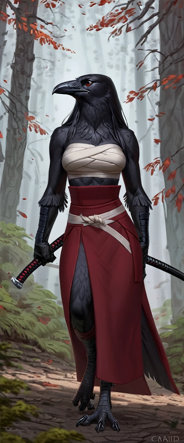 Female crow, solo, masterpiece, by caraid, samurai ronin, dark red skirt, standing, forest, serious expression, abs, chest wraps, long hair, katana,avian feet, elegant,