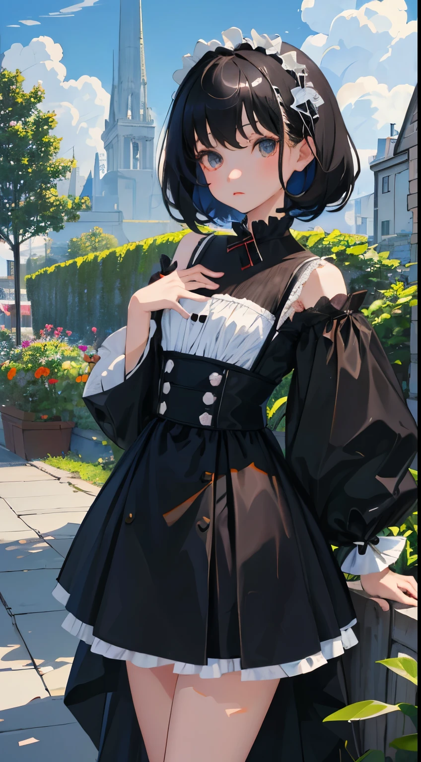 (Short cute girl, young studeg delicate girl),(masterpiece,Top quality),Black Hair,Sleepy expression,Black Lolita Clothing,race,mini skirt,garden