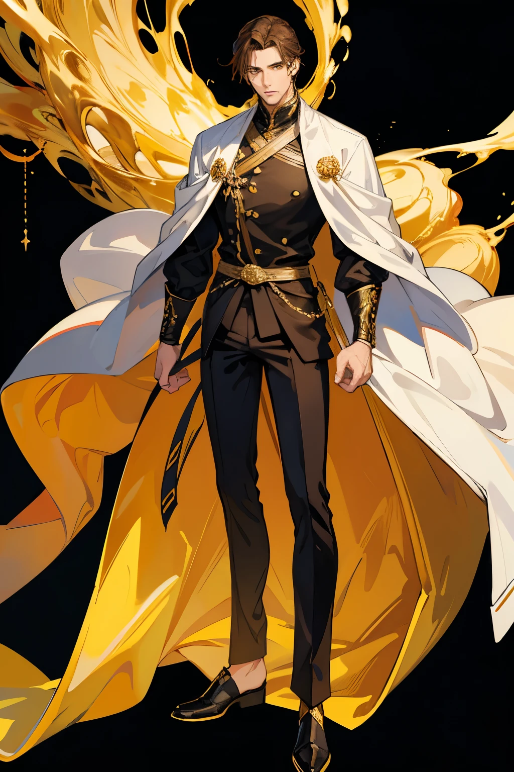 Tall anime man 6' 3" tall and 35 years old with a robust body, slightly yellowish brown hair, golden eyes approximately honey, wears a black outfit with white details on the arms and legs