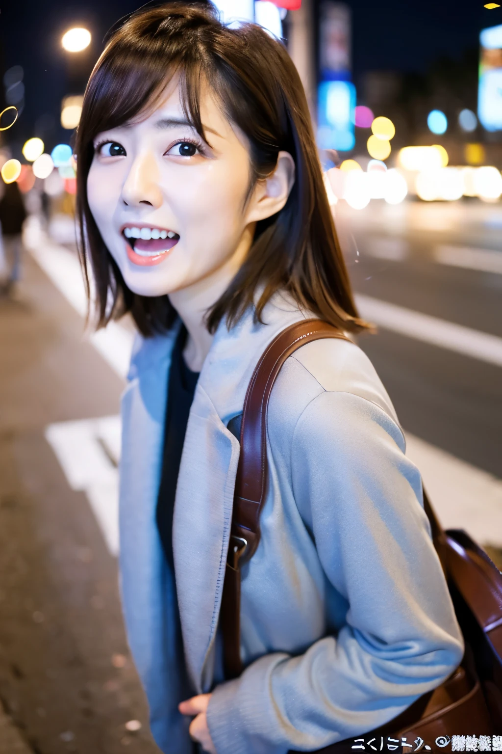 Masterpiece, 8K, high quality, high resolution, beautiful Japanese woman, 30 years old, (detailed face, detailed eyes), ((Open mouth wide, surprised face)), alone on the street, full-body photo