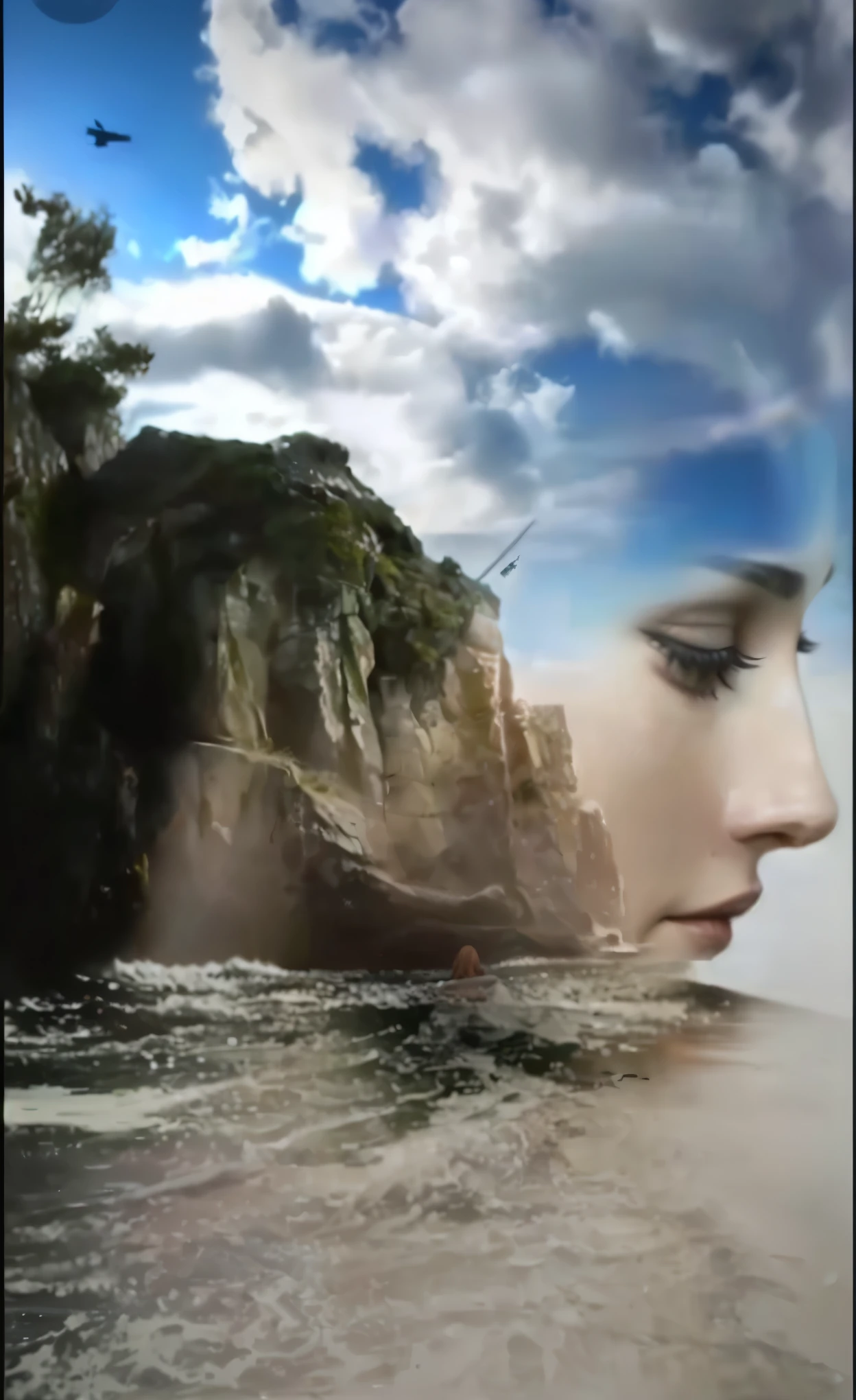 there is a woman who is looking at an american fighter plane flying over the water, pintura fosca da mente humana, cara de sonho, photo manipulation, water art photoshop, Half face in the water, water art manipulation, cena surreal, foto de retrato com pintura fosca, Incredible, arte surrealista emocional, vislumbre surreal, Surrealismo 4k, water art in photoshop, photo manipulation