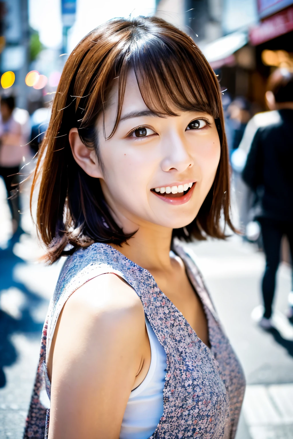 Masterpiece, 8K, high quality, high resolution, beautiful Japanese woman, 30 years old, (detailed face, detailed eyes), ((Open mouth wide, surprised face)), alone on the street, full-body photo