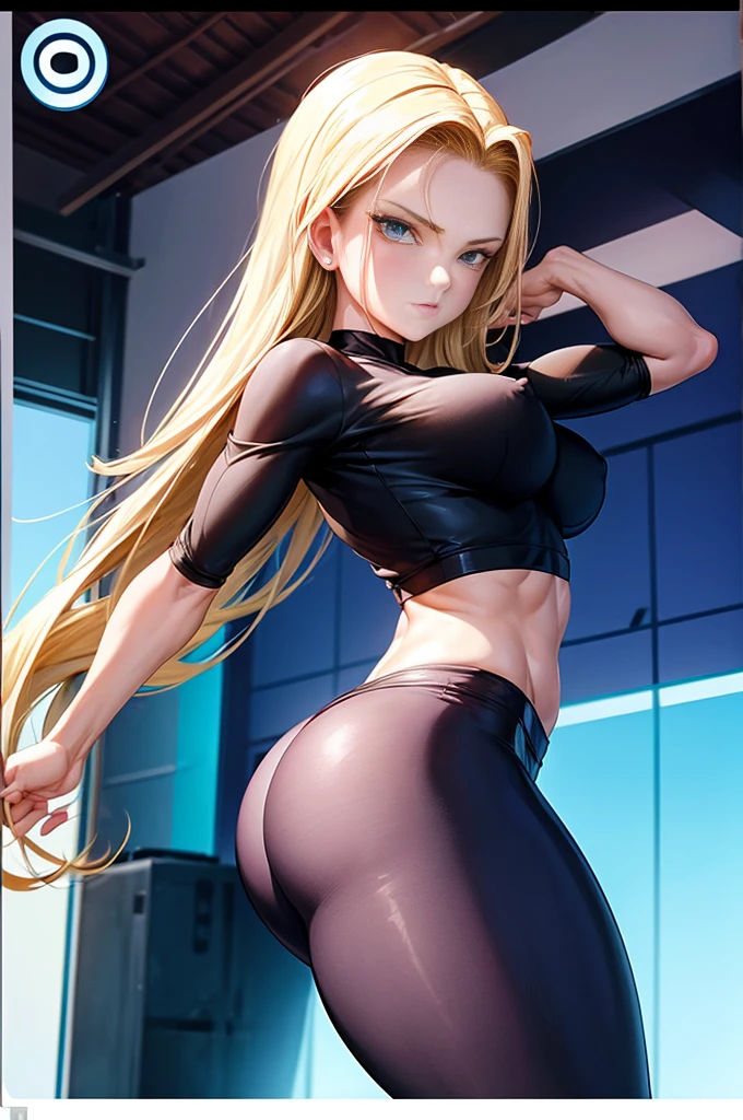 Android 18, Has a sexy and hot round ass、A stunningly beautiful 20-year-old girl,She is wearing blue leggings that fit her toned body nicely., Fit Body, Emphasize her curves、Accentuate your sexy figure,The leggings are made of high quality breathable material that hugs her every curve., Leaves very little to the imagination,Her breasts were accentuated by a tight-fitting sports bra、It enhances the overall appeal,Her large breasts and perky nipples are visible through the fabric., Enhance the sensuality of your images,