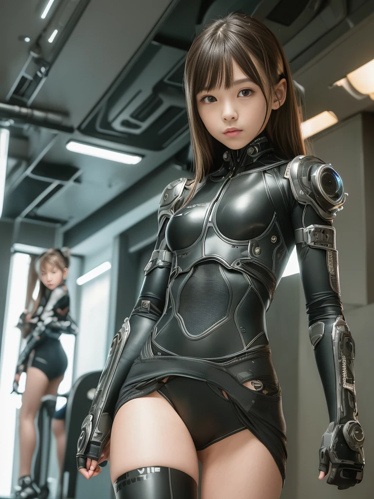 high quality, ​masterpiece, two close friends, Beautiful tween girls, small skinny girls, cute girl face, cyberpunk, Wearing futuristic robotic tactical armor cyberpunk suit with cutouts showing abs, skinny athletic body, innocent, playful, Famous actresses of Japan, very beautiful face