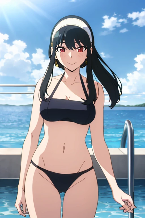 (masterpiece, highest quality: 1.2), alone, 1 girl, alone,bikini，Pool，your heather, smile, Mouth closed, View audience, Long 黒 hair, head band,  Earrings, Big Breasts, Medium Waist, Medium Hips, wide thighs, Embarrassing, charm, smiling with her Mouth closed, Good move..., Excellent anatomy,bikini，