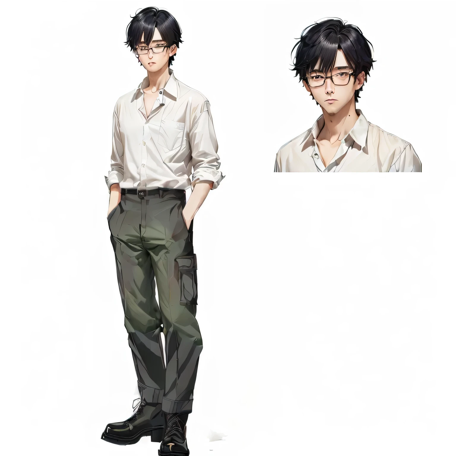 (masterpiece, highest quality, shape, Subtle details, 8k:1.2)、 (Perfect Anatomy:1.2)、 (Symmetrical eyes:1.2)、( Perfect Eyes:1.2)、(Symmetrical glasses:1.2)、(Perfect Arms:1.2)、(Perfect hands:1.2)、(Single eyelid:1.2)、one person、one person、one personポートレート、Full-body character portrait、Chinese、Standing posture、(Close-up image from the chest up:1.2)、Pale skin、Open-collar shirt、Crumpled shirt、(Short-sleeved shirt)、(Worn shirt)、(The shirt is tucked into the pants)、(40 year old adult man)、(Worn out trousers that reached down to the ankleilitary boots]、Silver-rimmed glasses:1.2、(Nasty look)、[[[Hands in pants]]]、[[[suspenders]]]、[[[Bag]]]、[[[Shoulder Bag]]]、Self-excess、Bullied 、Liar、Introvert、Shadows are faint、inferiority complex、Even、hated、Not popular with the feminine、Tired face、The gaze of the viewer、Full body image、Close-up of face、Lean, lean body、Hair that has become unkempt、Shaggy hair、Unbeliever、Behavior distrust、Disappointing、Lonely、humble、Ugly、Not cool、Cowardly、Black Hair、Dark Eyes、Hollow Eyes、Lackluster eyes、Salaryman、((The hair is parted in a 7:3 style with gel.))、Color images、Anime Images、[[female]]、[animal]The background is white、Single man、Cel painting、Detailed anime character art、