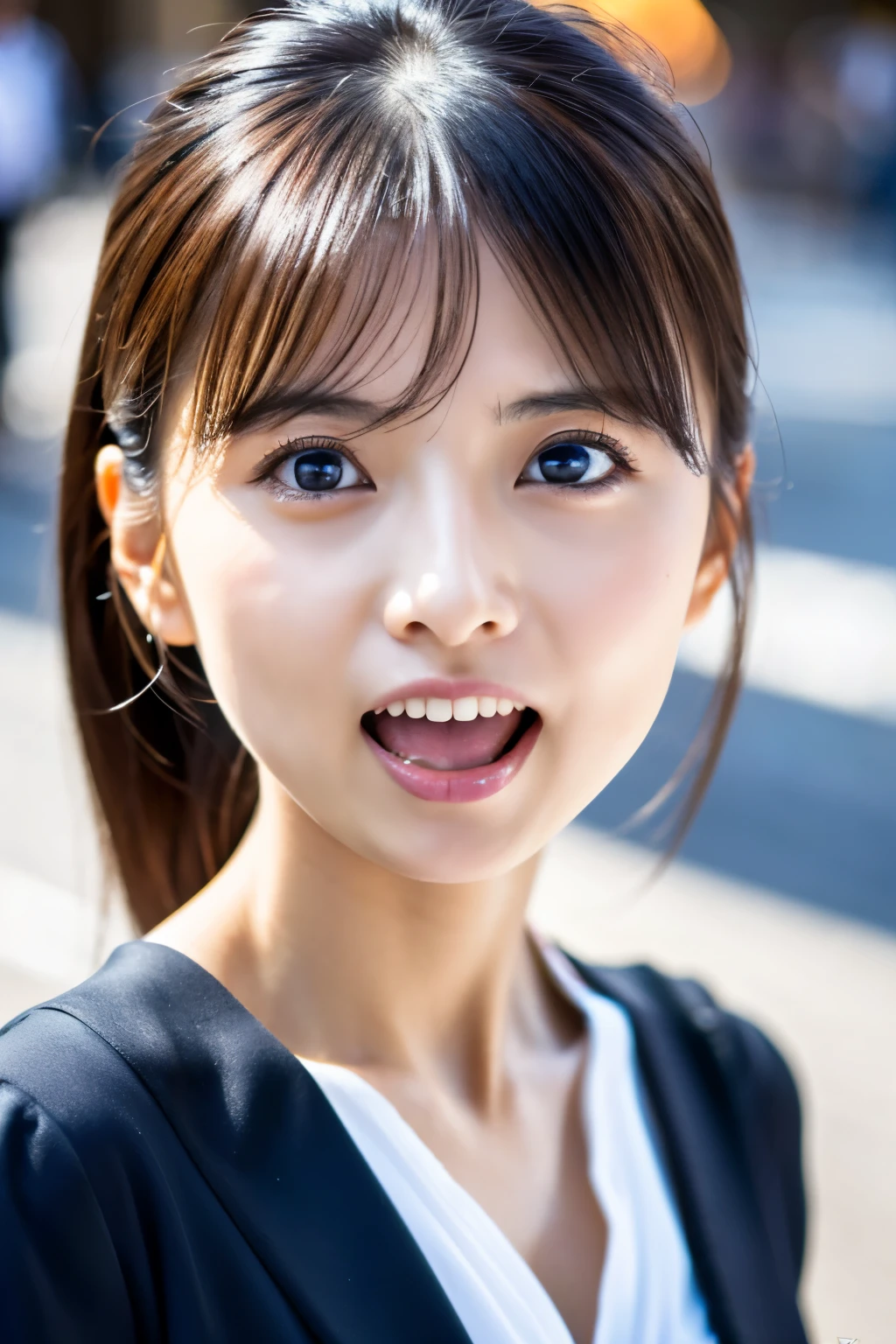 Masterpiece, 8K, high quality, high resolution, beautiful Japanese woman, 30 years old, (detailed face, detailed eyes), ((Open mouth wide, surprised face)), alone on the street, full-body photo