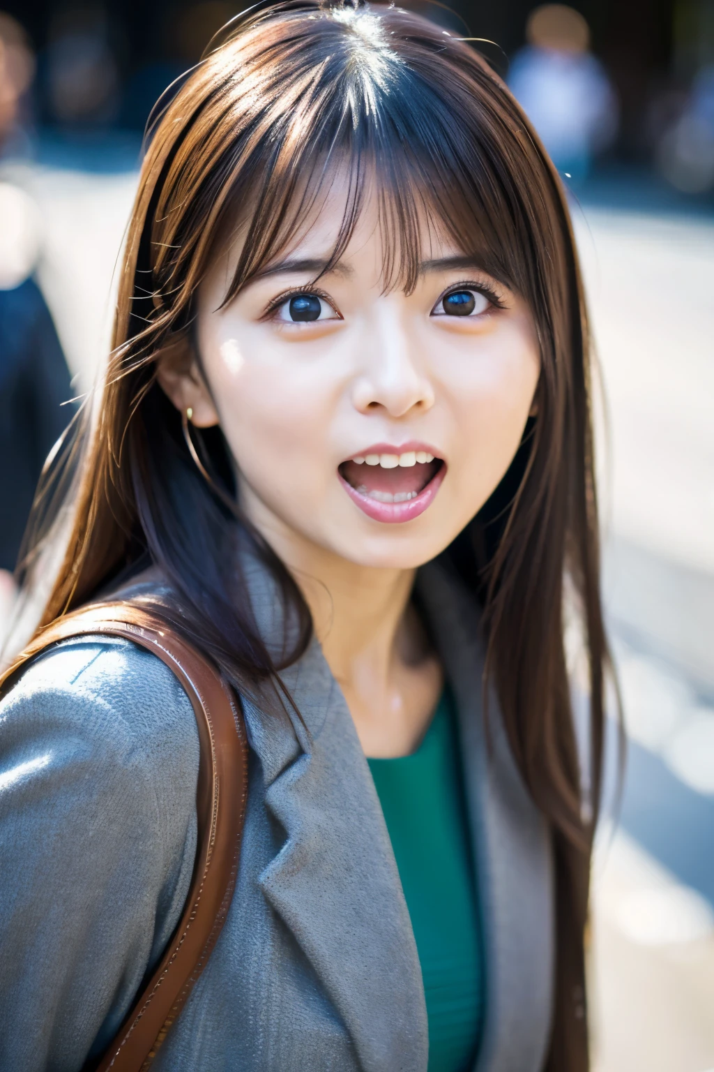 Masterpiece, 8K, high quality, high resolution, beautiful Japanese woman, 30 years old, (detailed face, detailed eyes), ((Open mouth wide, surprised face)), alone on the street, full-body photo