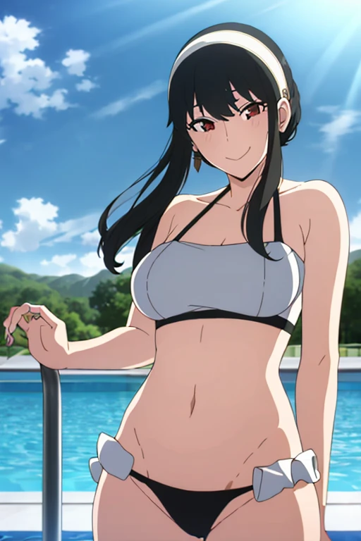 (masterpiece, highest quality: 1.2), alone, 1 girl, alone,bikini,Pool,your heather, smile, Mouth closed, View audience, Long 黒 hair, head band, Earrings, Big Breasts, Medium Waist, Medium Hips, wide thighs, Embarrassing, charm, smiling with her Mouth closed, Good move..., Excellent anatomy,bikini,