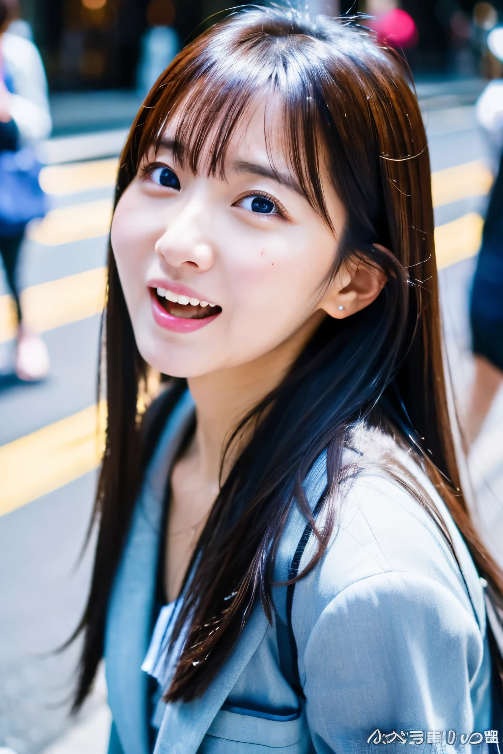 Masterpiece, 8K, high quality, high resolution, beautiful Japanese woman, 30 years old, (detailed face, detailed eyes), ((Open mouth wide, surprised face)), alone on the street, full-body photo